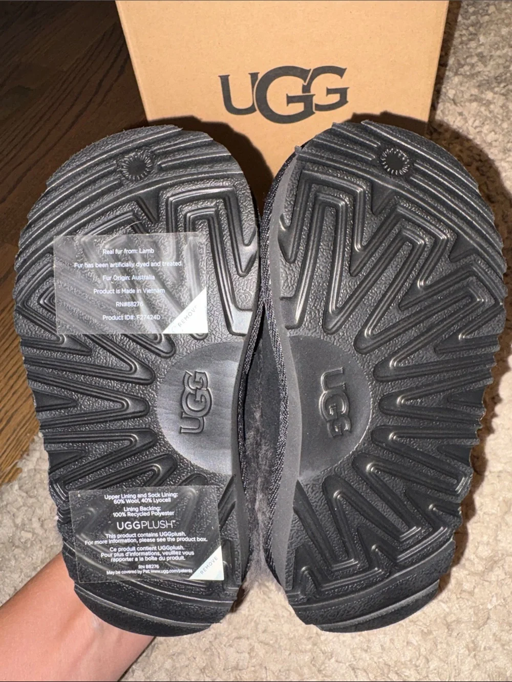 UGG Kids Black Suede Shearling Clog with Gray Fur Cuff